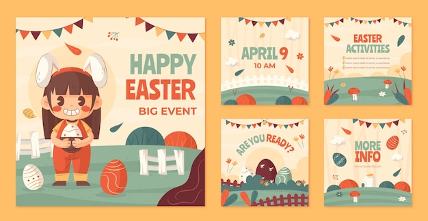 Free vector flat easter instagram posts collection