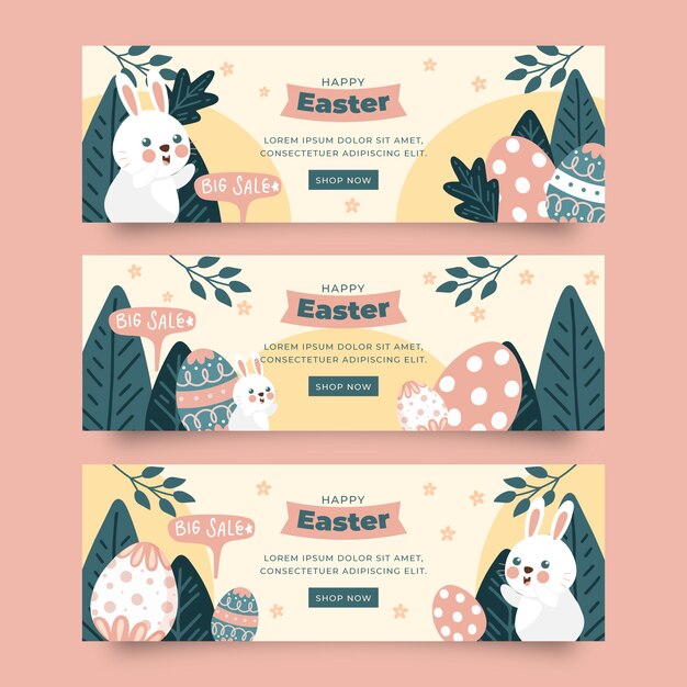 Flat easter sale horizontal banners set