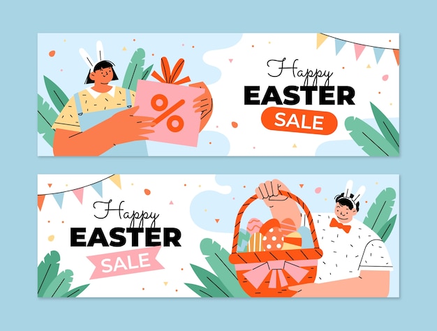 Set di banner orizzontali di vendita piatta di pasqua