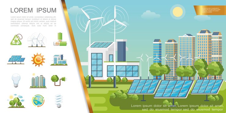 Free Vector flat eco city concept with solar panels wind turbines modern buildings recycling sign lightbulbs green trees batteries globe sun plug