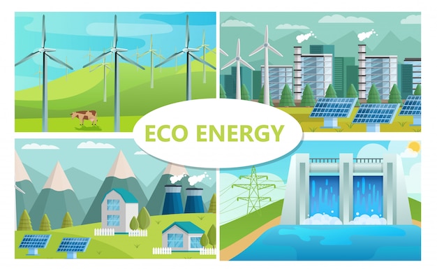 Free vector flat eco energy concept with windmills solar panels ecological factory and houses hydroelectric station