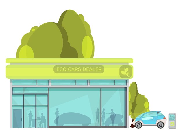 Flat eco friendly electric cars dealer centre on white background 