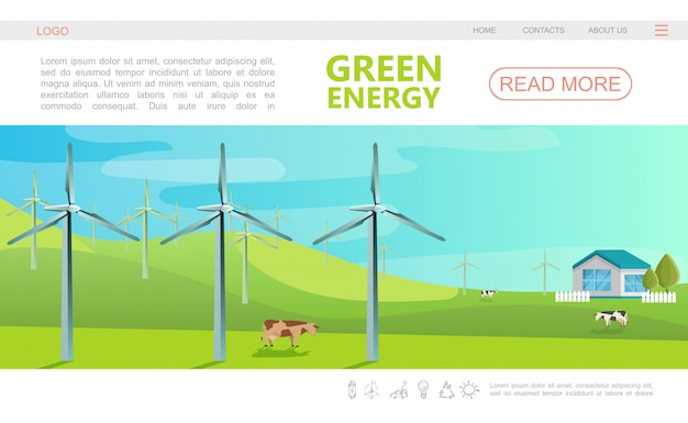 무료 벡터 탐색 메뉴 풍차 소와 에코 하우스와 평면 생태 다채로운 웹 페이지 템플릿