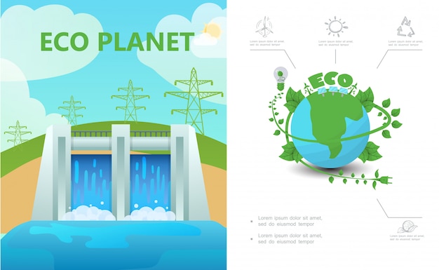 水力発電所高電圧送電線エコプラネット電球太陽リサイクルサインとフラットエコロジー構成