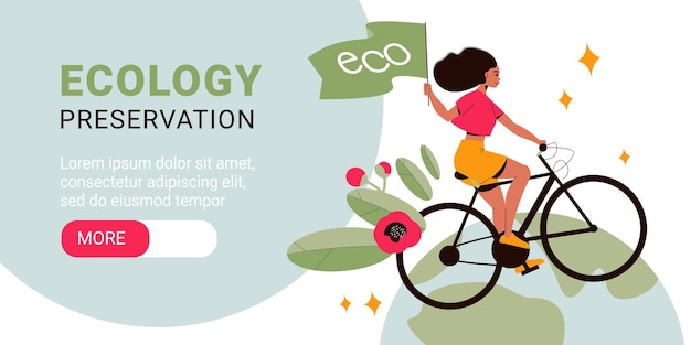 Flat ecology preservation horizontal banner with woman riding bike with flowers and green flag