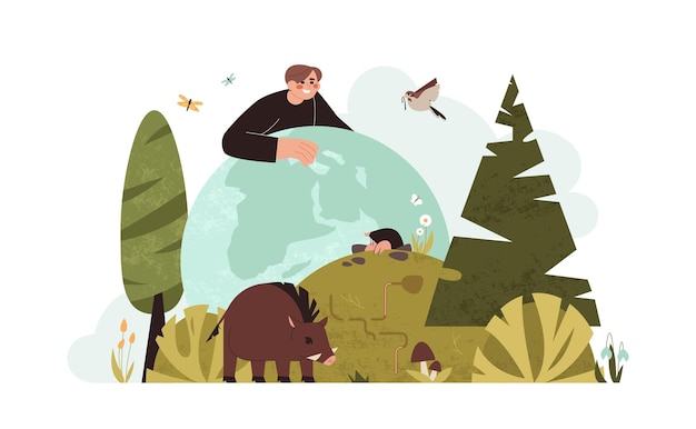 Бесплатное векторное изображение Плоская экосистема и биоразнообразие с дикими животными, млекопитающими и птицами