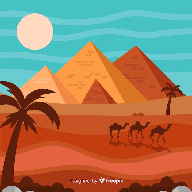 Free vector flat egypt pyramids landscape with caravan of camels