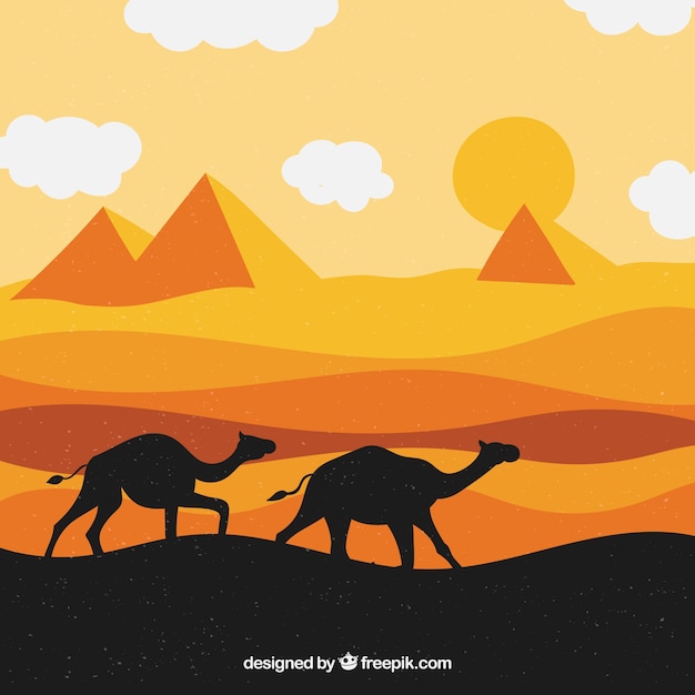 Бесплатное векторное изображение Плоский египетский пирамида пейзаж с караваном верблюдов