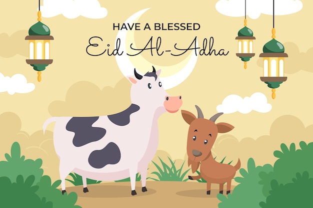 Flat eid al-adha background with cow and goat