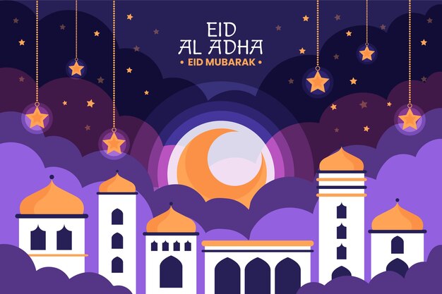 Flat eid al-adha background with crescent moon and buildings at night