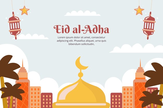 Flat eid al-adha background with lanterns and buildings