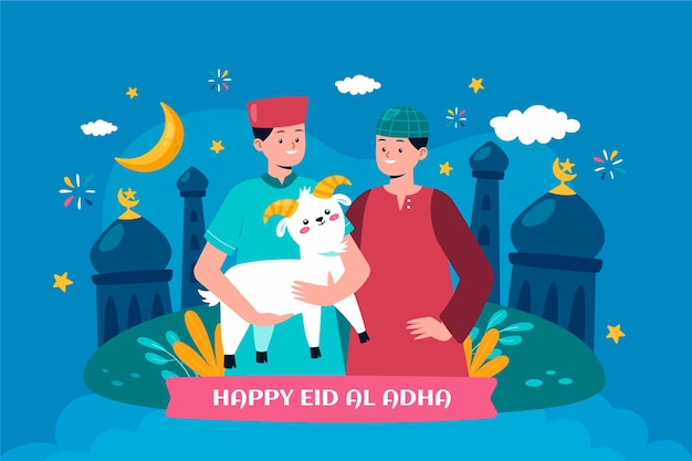 Flat eid al-adha background with people holding goat