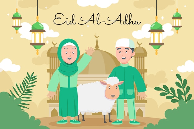 Sfondo piatto eid al-adha con persone che salutano e pecore