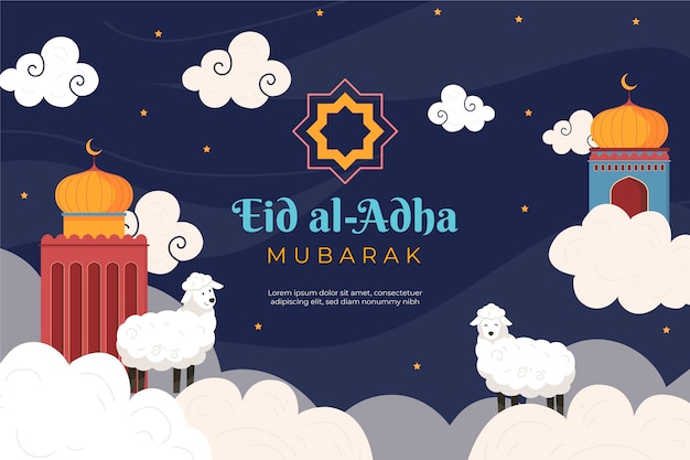 무료 벡터 양과 구름이 있는 평평한 eid al-adha 배경