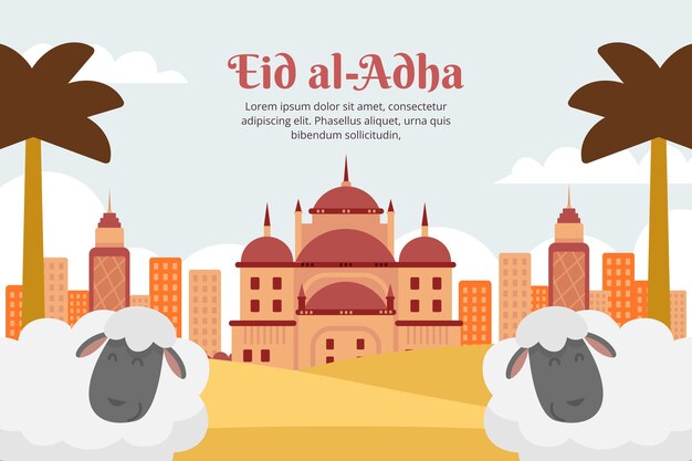 Free vector flat eid al-adha background with sheep and palace