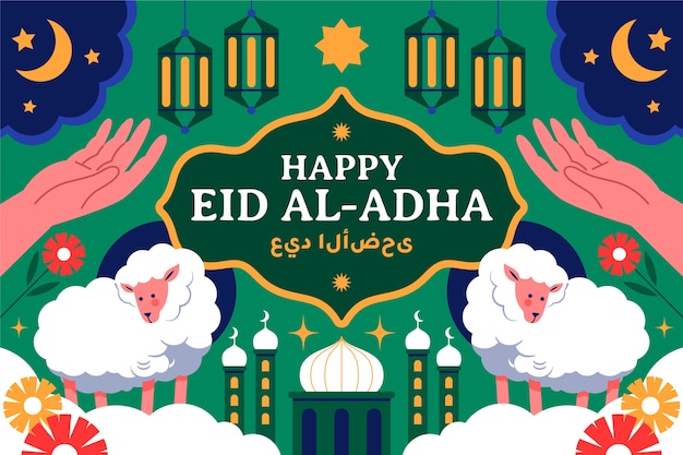 Fondo piatto di eid al-adha con le pecore