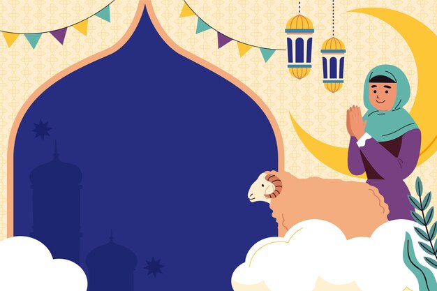 Flat eid al-adha background with woman praying and sheep