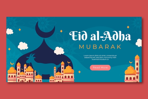 Vettore gratuito modello di banner orizzontale piatto eid al-adha con città e luna crescente