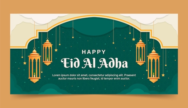 Flat eid al-adha horizontal banner template with lanterns