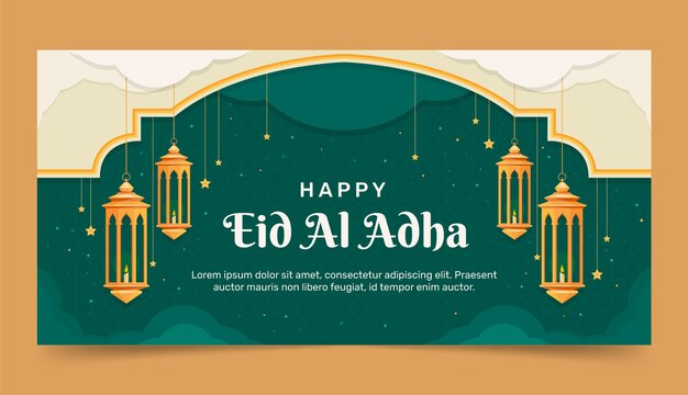 등불이 있는 평평한 eid al-adha 가로 배너 템플릿