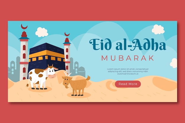 Modello di banner orizzontale piatto eid al-adha con mecca e animali