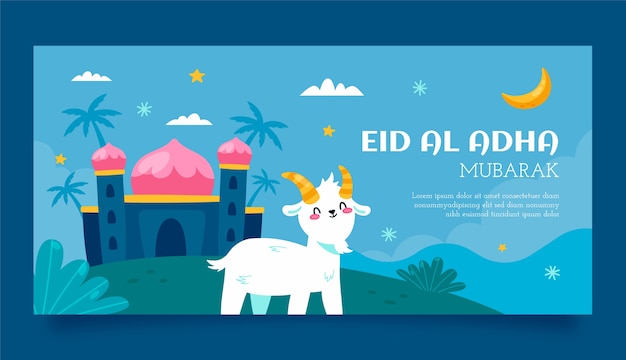 Modello di banner orizzontale piatto eid al-adha con palazzo e capra