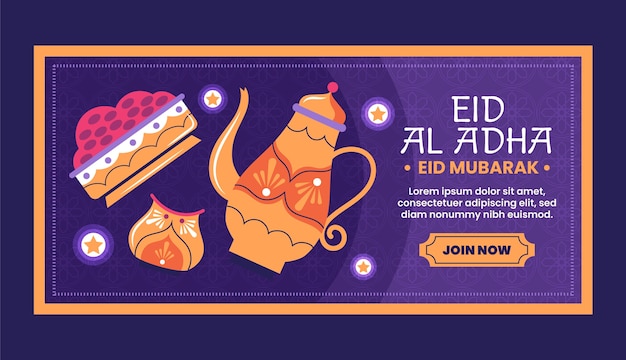 Modello di banner orizzontale piatto eid al-adha con teiera e cibo