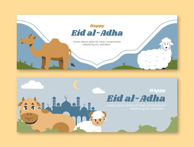 Flat eid al-adha horizontal banners set with animals