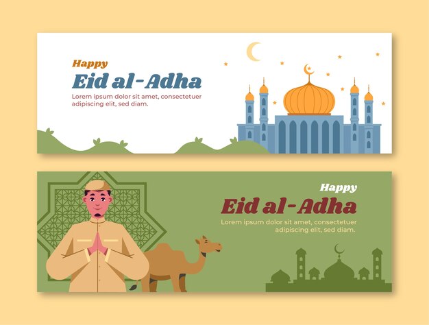 평평한 eid al-adha 가로 배너는 남자와 낙타로 설정되어 있습니다.