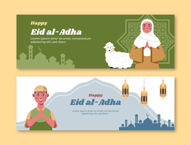 양과 사람이 있는 평평한 eid al-adha 가로 배너