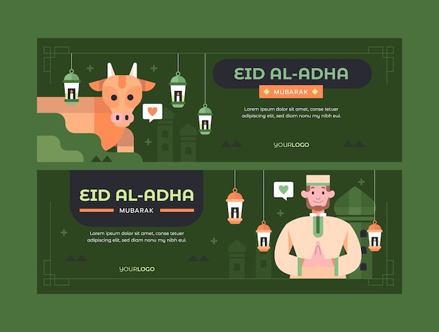 무료 벡터 플랫 eid al-adha 가로 배너 세트