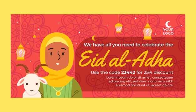 Vettore gratuito modello di banner di vendita orizzontale piatto eid al-adha