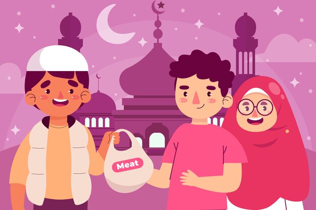Flat eid al-adha illustration with people receiving meat bag