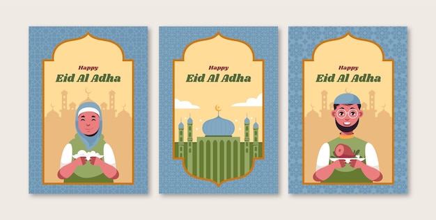 Vettore gratuito collezione di carte piatte eid al-adha mubarak