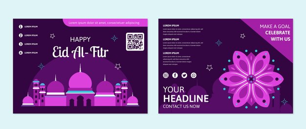 Flat eid al-fitr brochure template with temple and flower