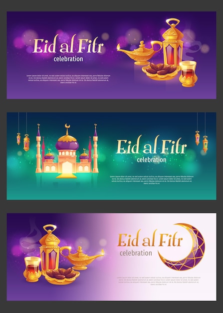 Flat eid al-fitr - eid mubarak banner set