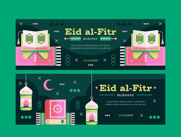 Free vector flat eid al-fitr horizontal banners pack