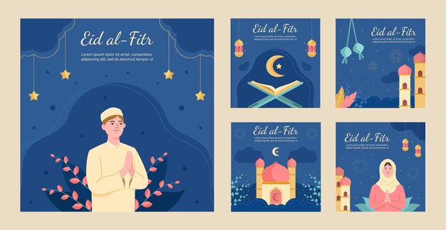 Flat eid al-fitr instagram posts collection with people praying