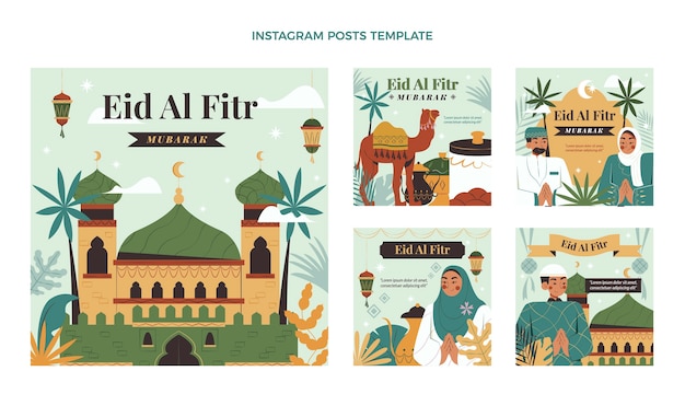 Free vector flat eid al-fitr instagram posts collection