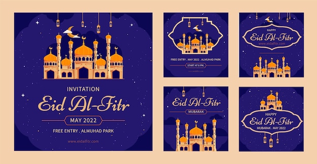 Free vector flat eid al-fitr instagram posts collection