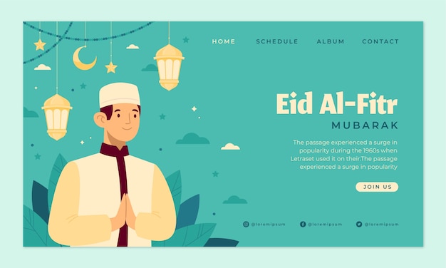 무료 벡터 플랫 eid al-fitr 방문 페이지 템플릿