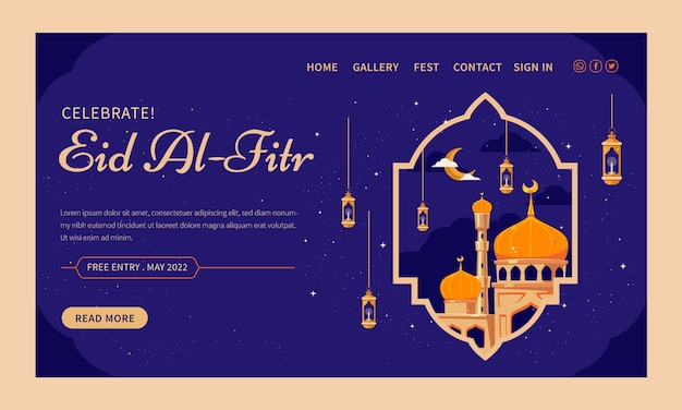 Vettore gratuito modello di pagina di destinazione eid al-fitr piatto