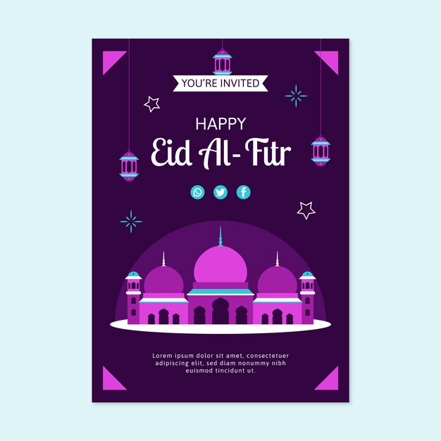 Modello di poster verticale piatto per l'Eid al-Fitr con tempio