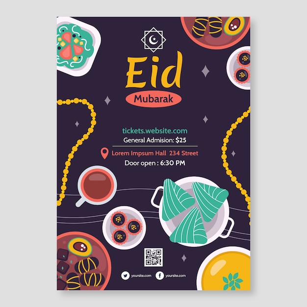 무료 벡터 평면 eid al-fitr 수직 포스터 템플릿