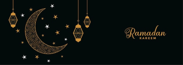 Vettore gratuito banner piatto eid luna e stelle ramadan kareem