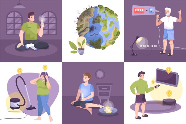 Flat electricity icon set with saving electricity turning off lights, saving the planet and the ecology of the earth illustration