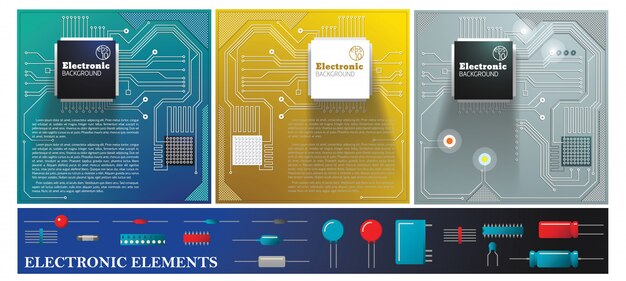 전기 회로 보드 다이오드 트랜지스터 커패시터 및 저항기가있는 평면 전자 다채로운 구성