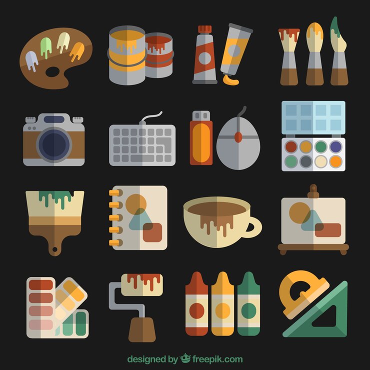 Free Vector flat elements of art studio, black background 
