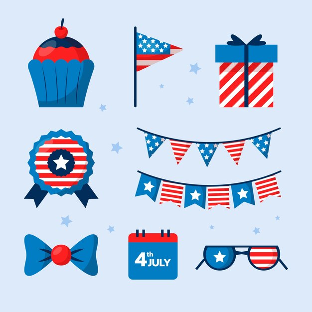 Flat elements collection for american 4th of july celebration