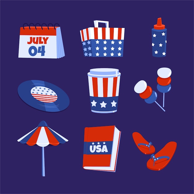 Flat elements collection for american 4th of july celebration